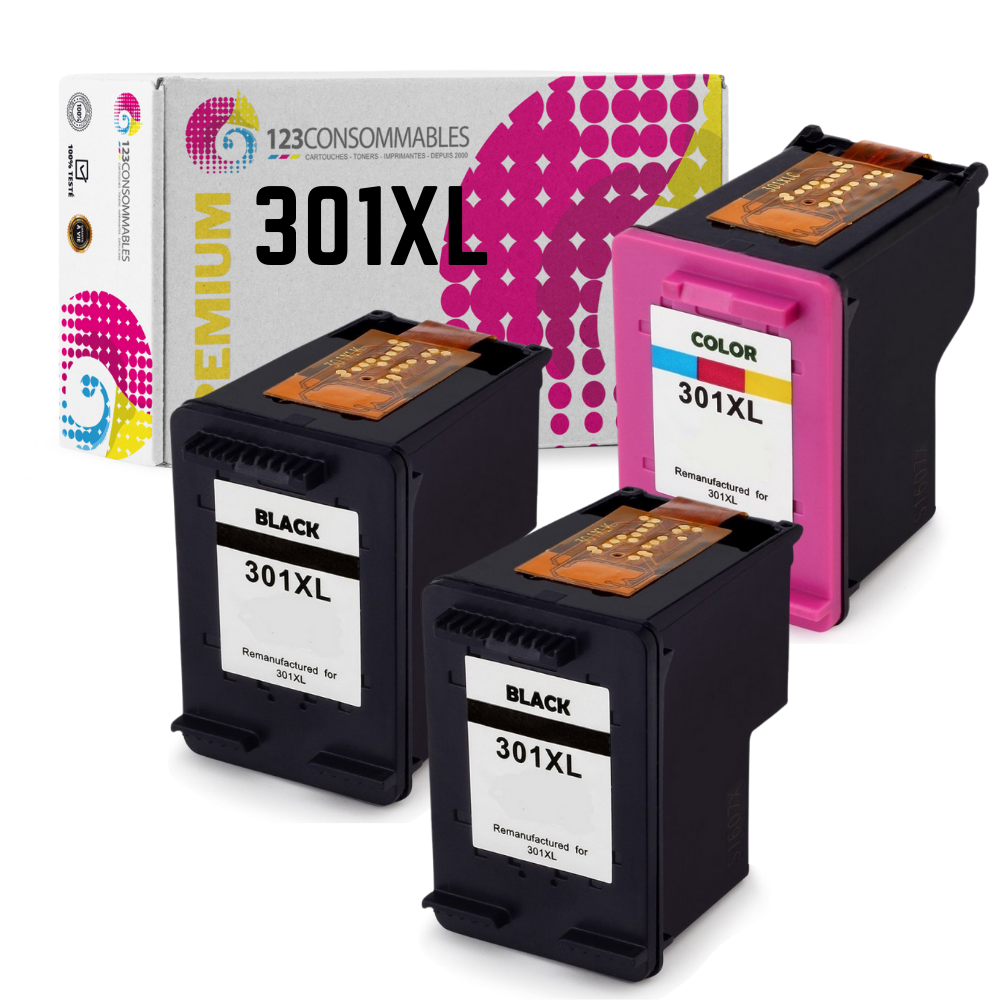 MaxiPack 3 cartouches compatible avec HP 301 XL (2 noirs + 1 couleur)